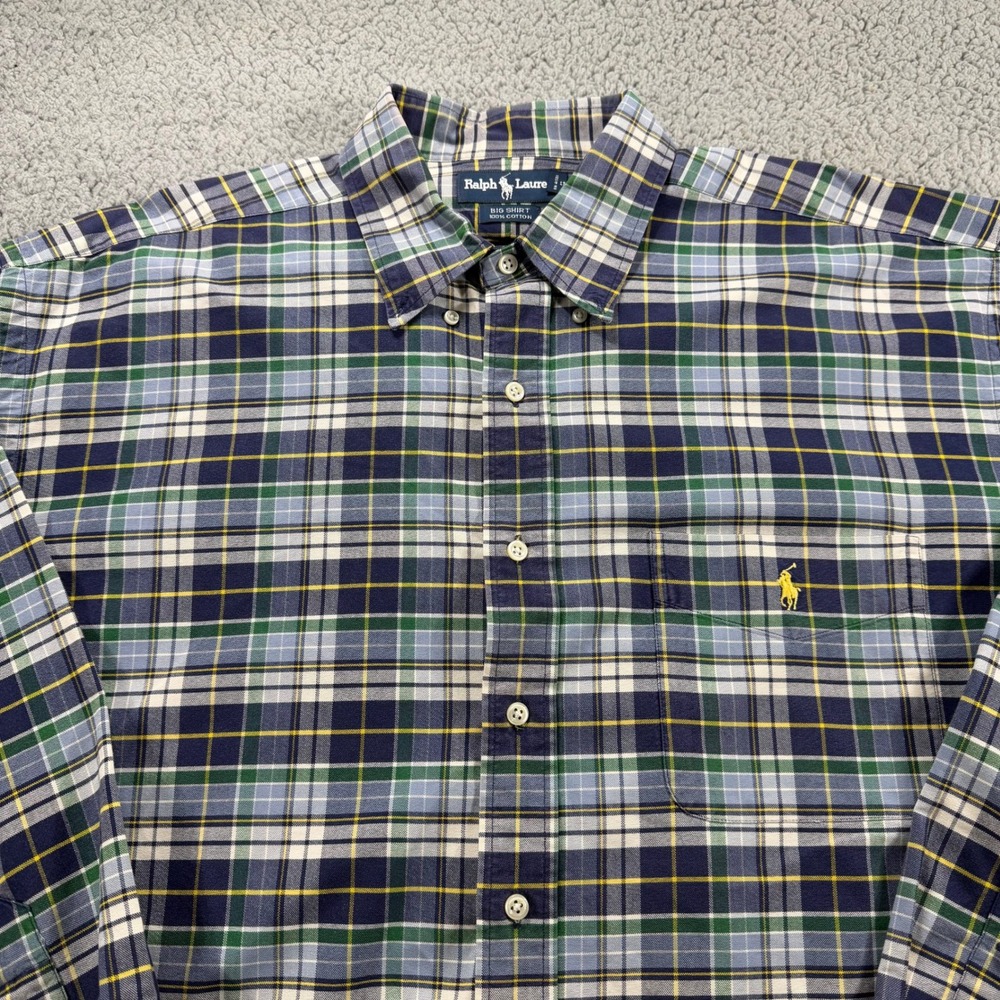 Ralph Lauren‎ Big Shirt Mens XL Plaid Button Down Navy Green Yellow Pony Logo